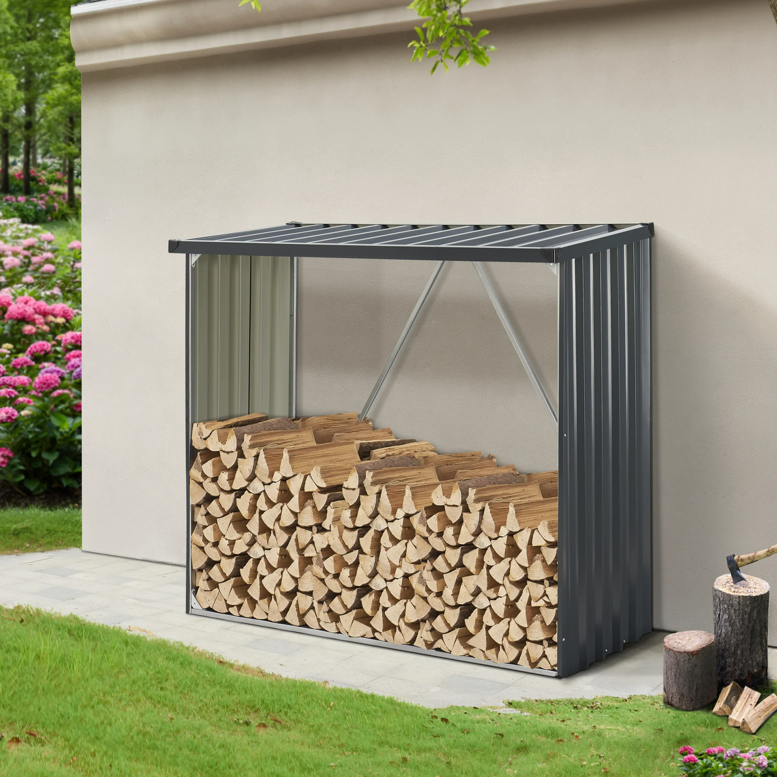 Abri à bûches extérieur en acier galvanisé 156×80×152 cm gris anthracite